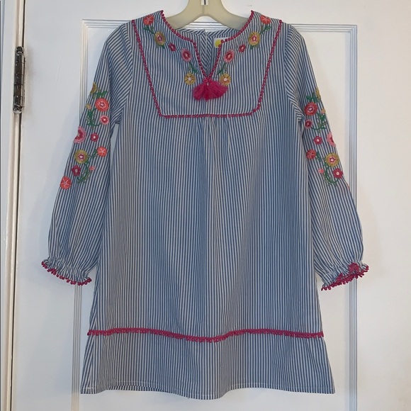 Mini Boden Girls' Striped Floral Embroidered Kaftan in Blue MIx EUC Tunic/Dress - Picture 3 of 16